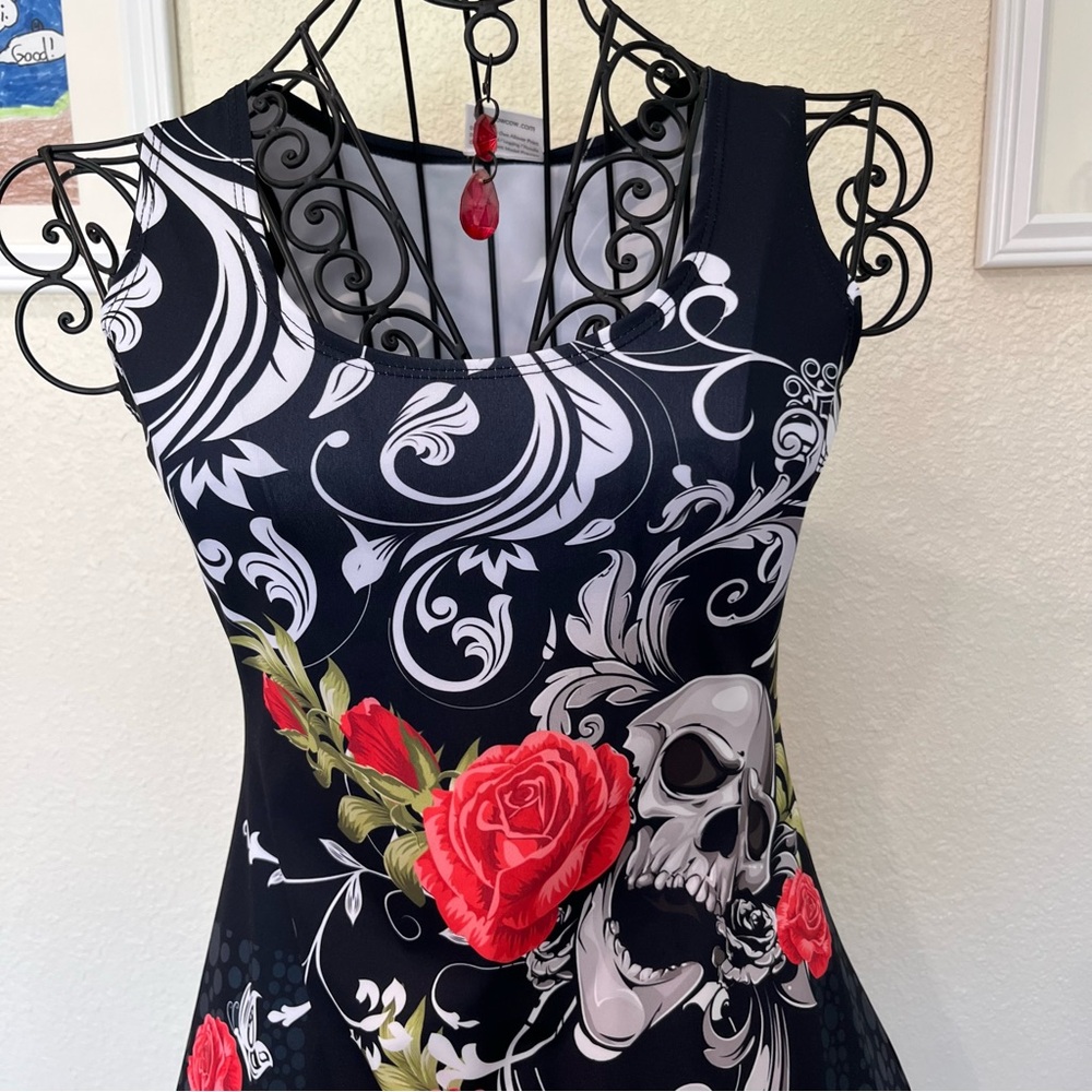 Red and White Gothic Mini Dress with Halter Neckline (1-210) - Picture 3 of 12